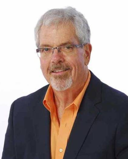 Radio personality Storm Roberts, dashing gentleman with silver hair on a white background