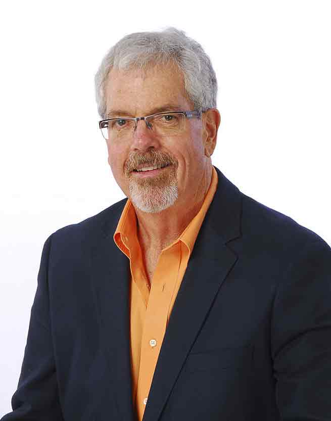 Radio personality Storm Roberts, dashing gentleman with silver hair on a white background