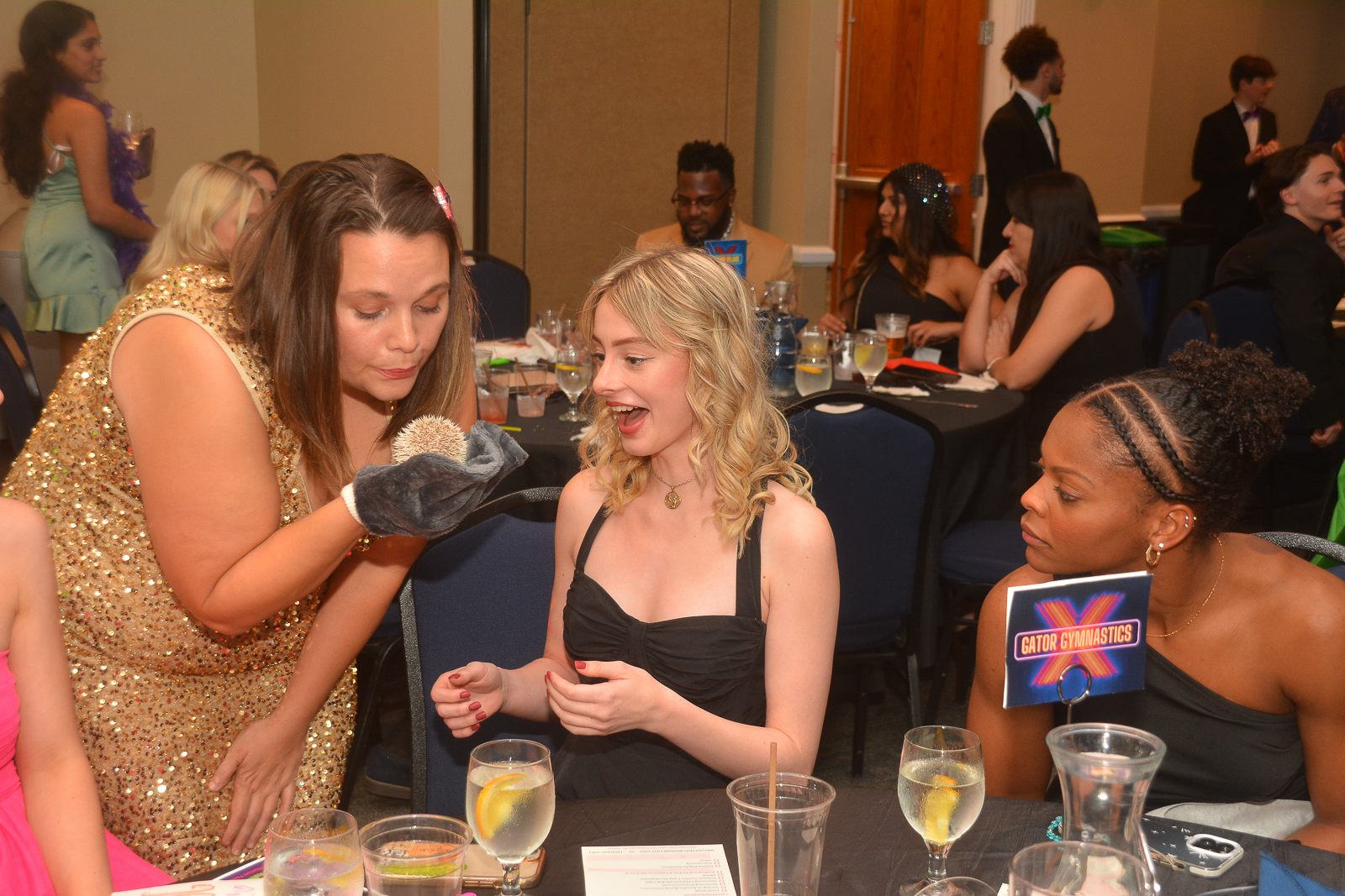 Attendees reacting to a small hedgehog at the Xtraordinary Joy event in Gainesville, Florida.